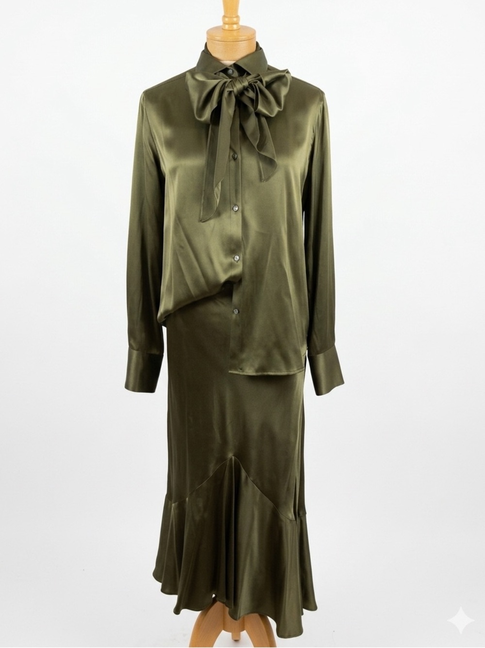 Ralph Lauren olive green 100% silk matching set ruffle flowy skirt vintage y2k